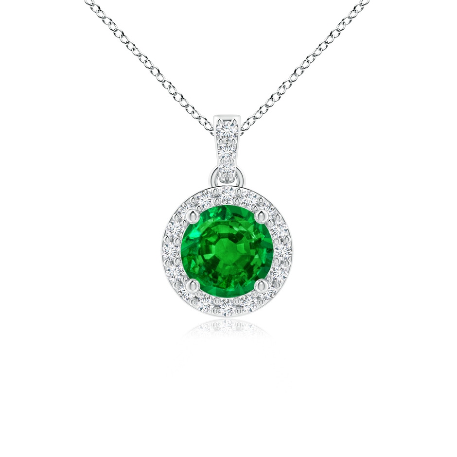 5mm AAAA Round Emerald Dangle Pendant with Diamond Halo in White Gold 