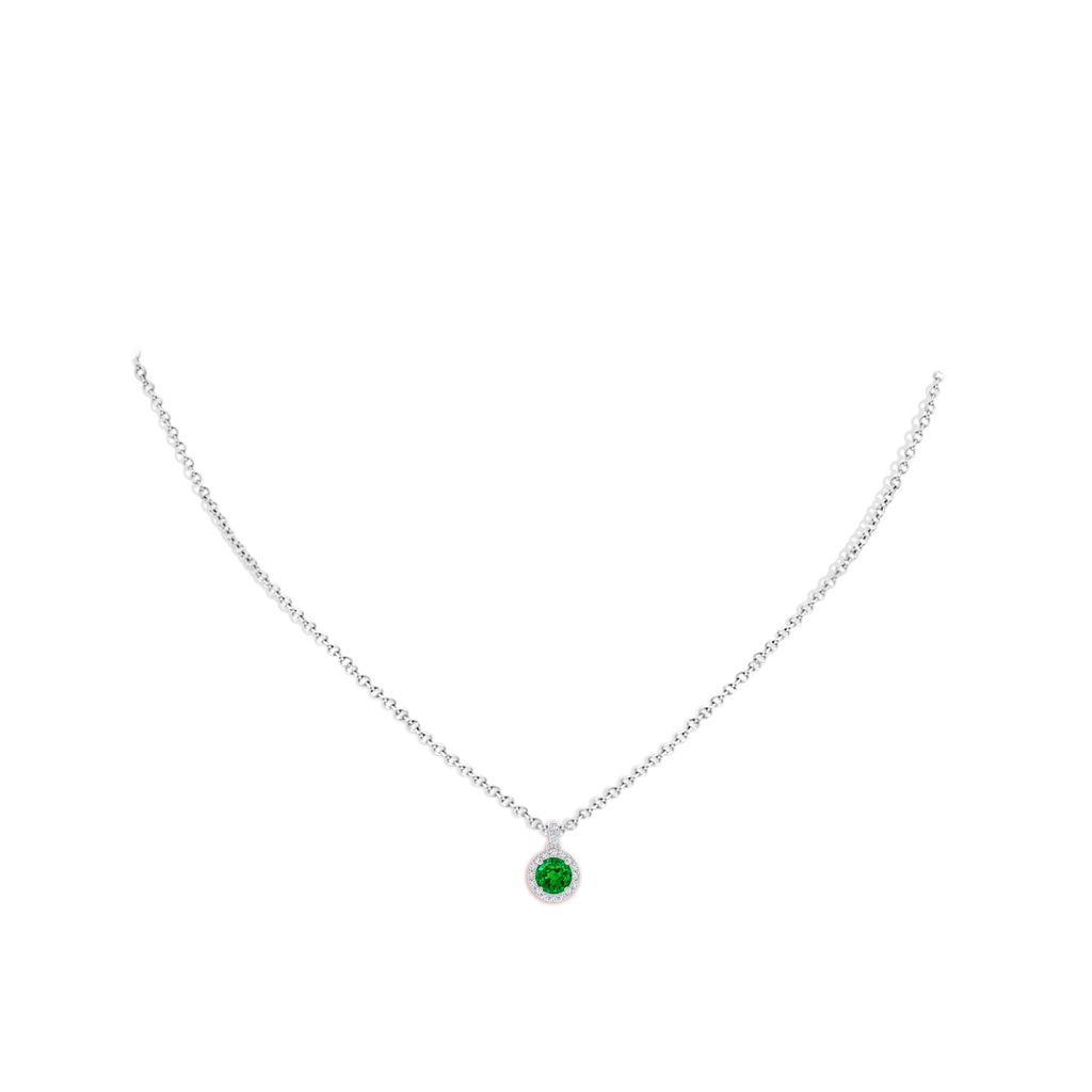 5mm AAAA Round Emerald Dangle Pendant with Diamond Halo in White Gold pen