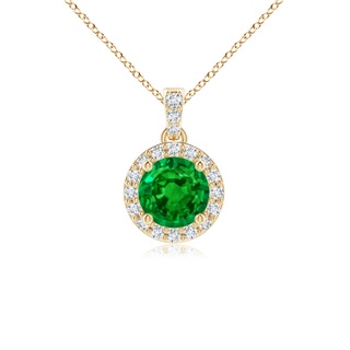 5mm AAAA Round Emerald Dangle Pendant with Diamond Halo in Yellow Gold
