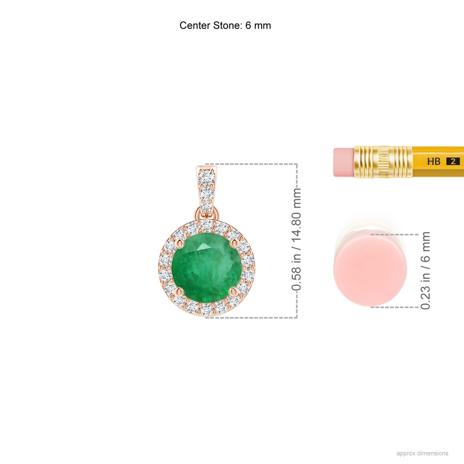 6mm A Round Emerald Dangle Pendant with Diamond Halo in Rose Gold ruler