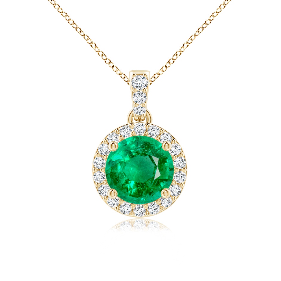 6mm AAA Round Emerald Dangle Pendant with Diamond Halo in Yellow Gold 