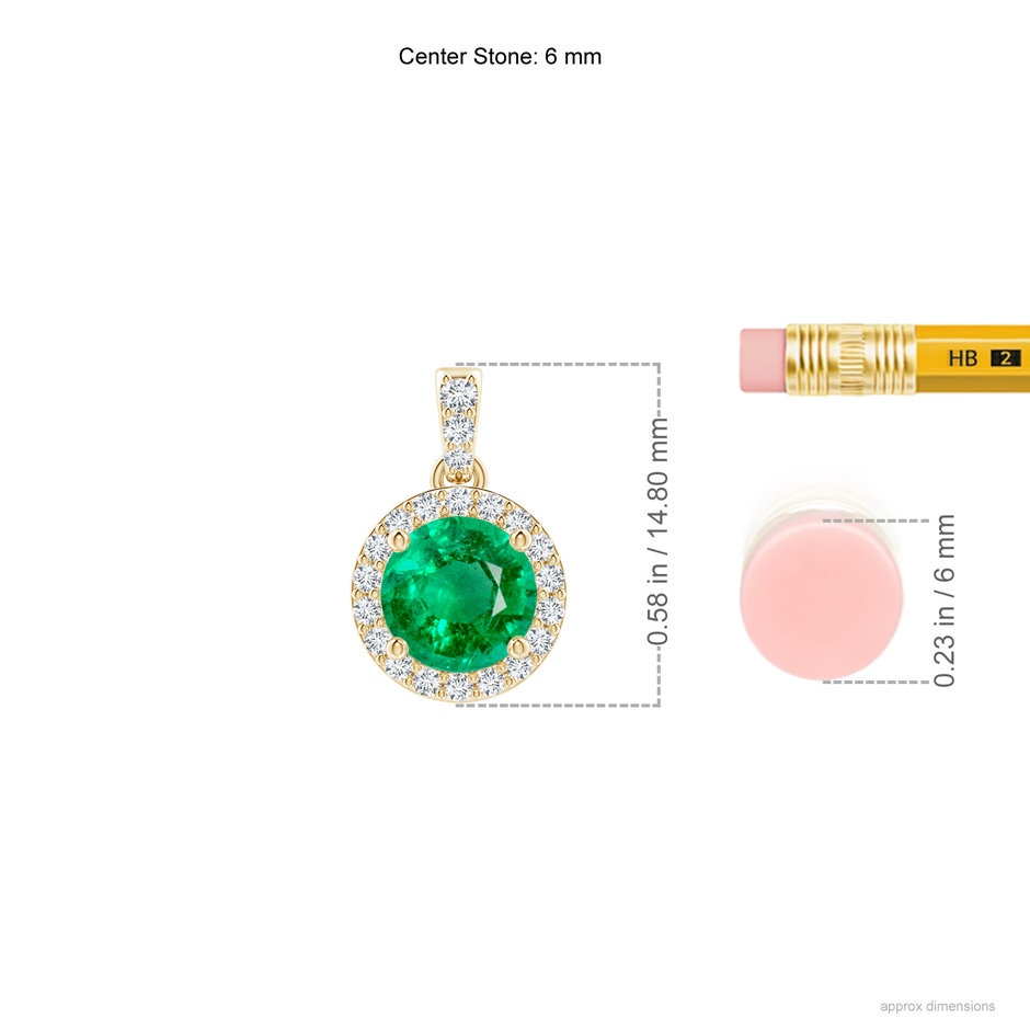6mm AAA Round Emerald Dangle Pendant with Diamond Halo in Yellow Gold ruler