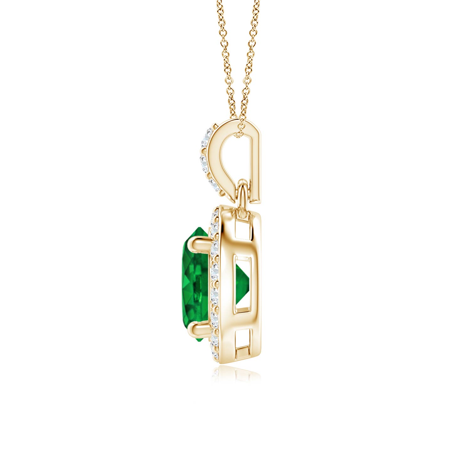 6mm AAAA Round Emerald Dangle Pendant with Diamond Halo in Yellow Gold