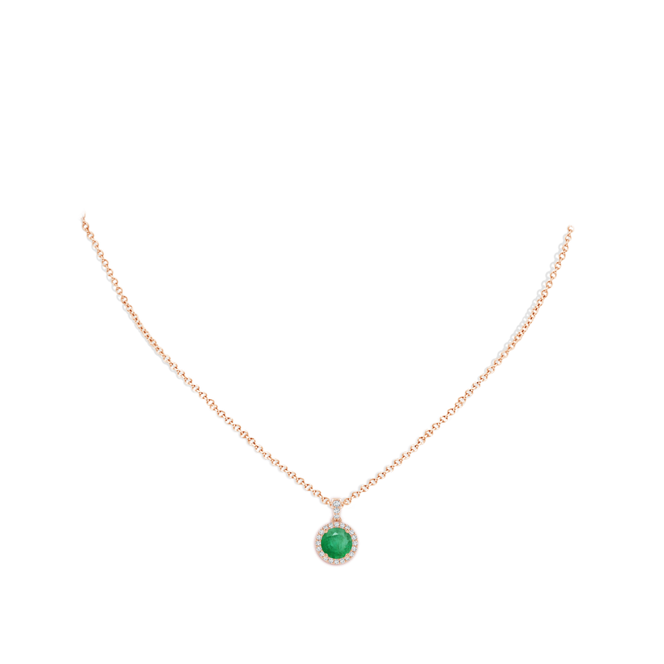 7mm A Round Emerald Dangle Pendant with Diamond Halo in Rose Gold pen