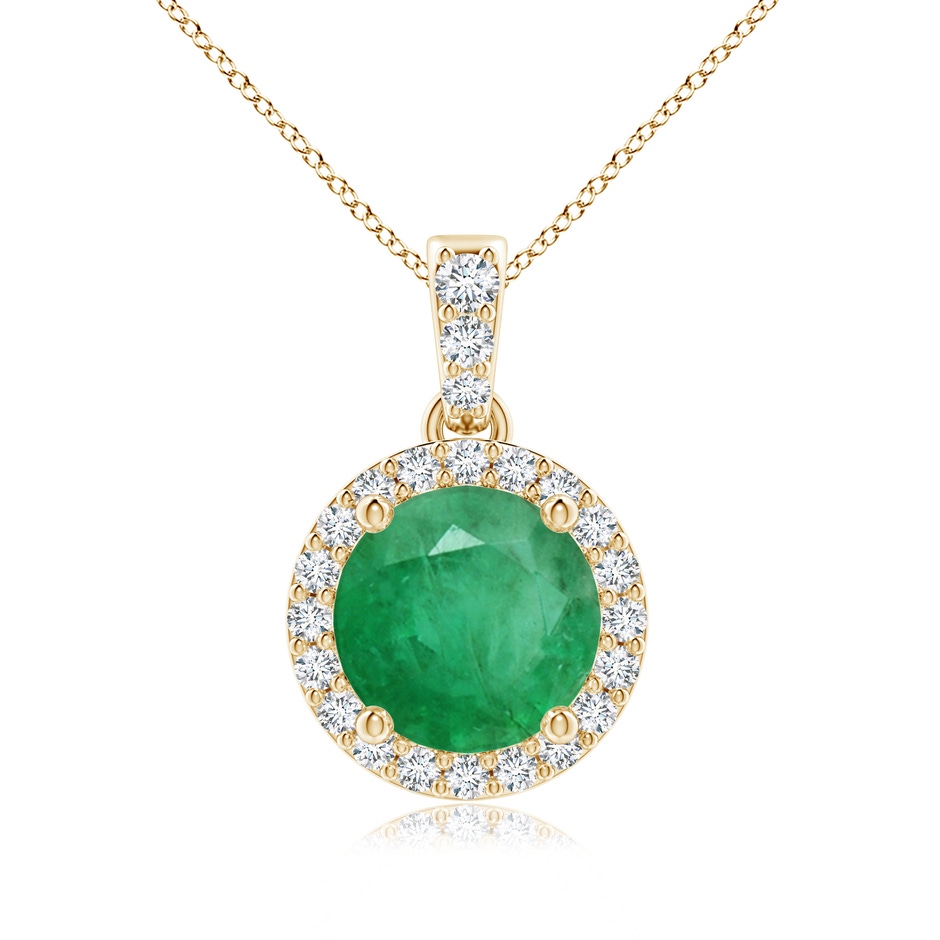 7mm A Round Emerald Dangle Pendant with Diamond Halo in Yellow Gold 