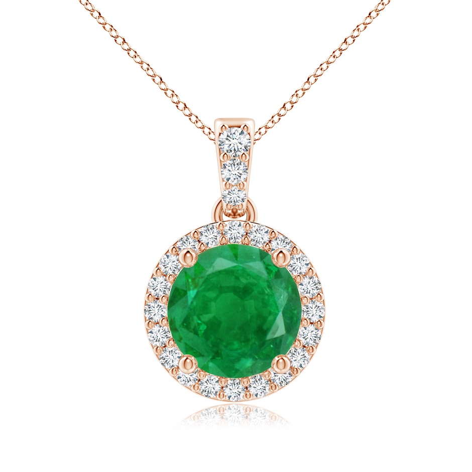 7mm AA Round Emerald Dangle Pendant with Diamond Halo in Rose Gold 