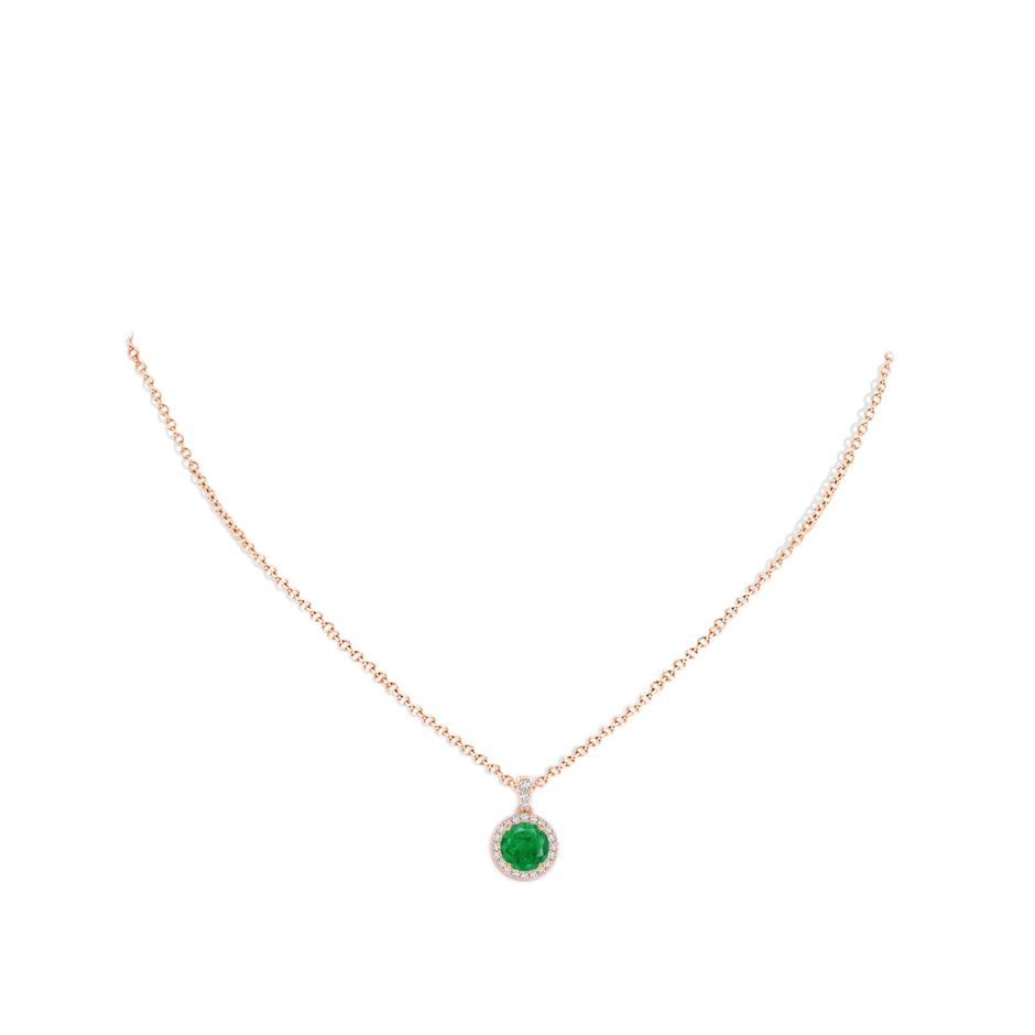7mm AA Round Emerald Dangle Pendant with Diamond Halo in Rose Gold pen
