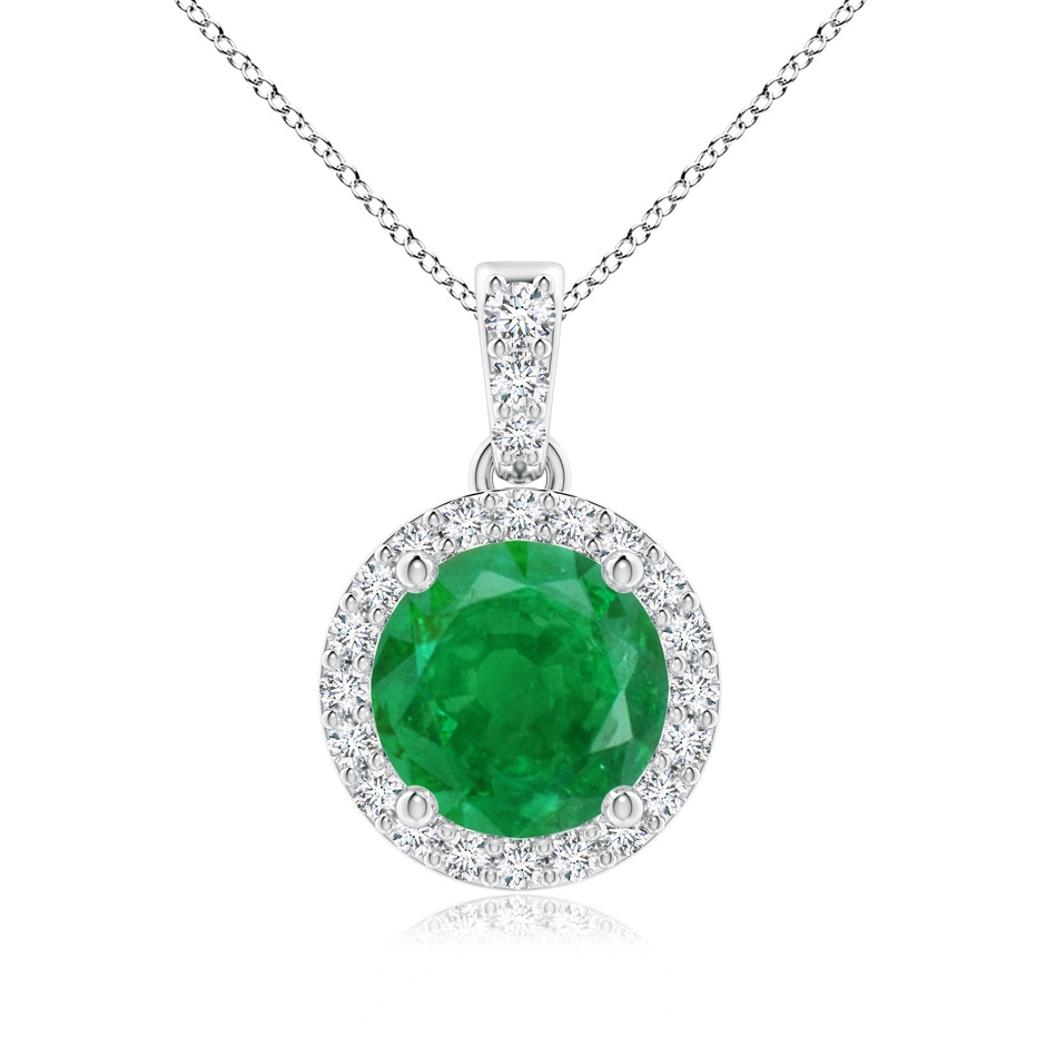 7mm AA Round Emerald Dangle Pendant with Diamond Halo in White Gold 