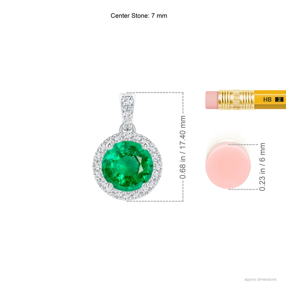 7mm AAA Round Emerald Dangle Pendant with Diamond Halo in P950 Platinum ruler