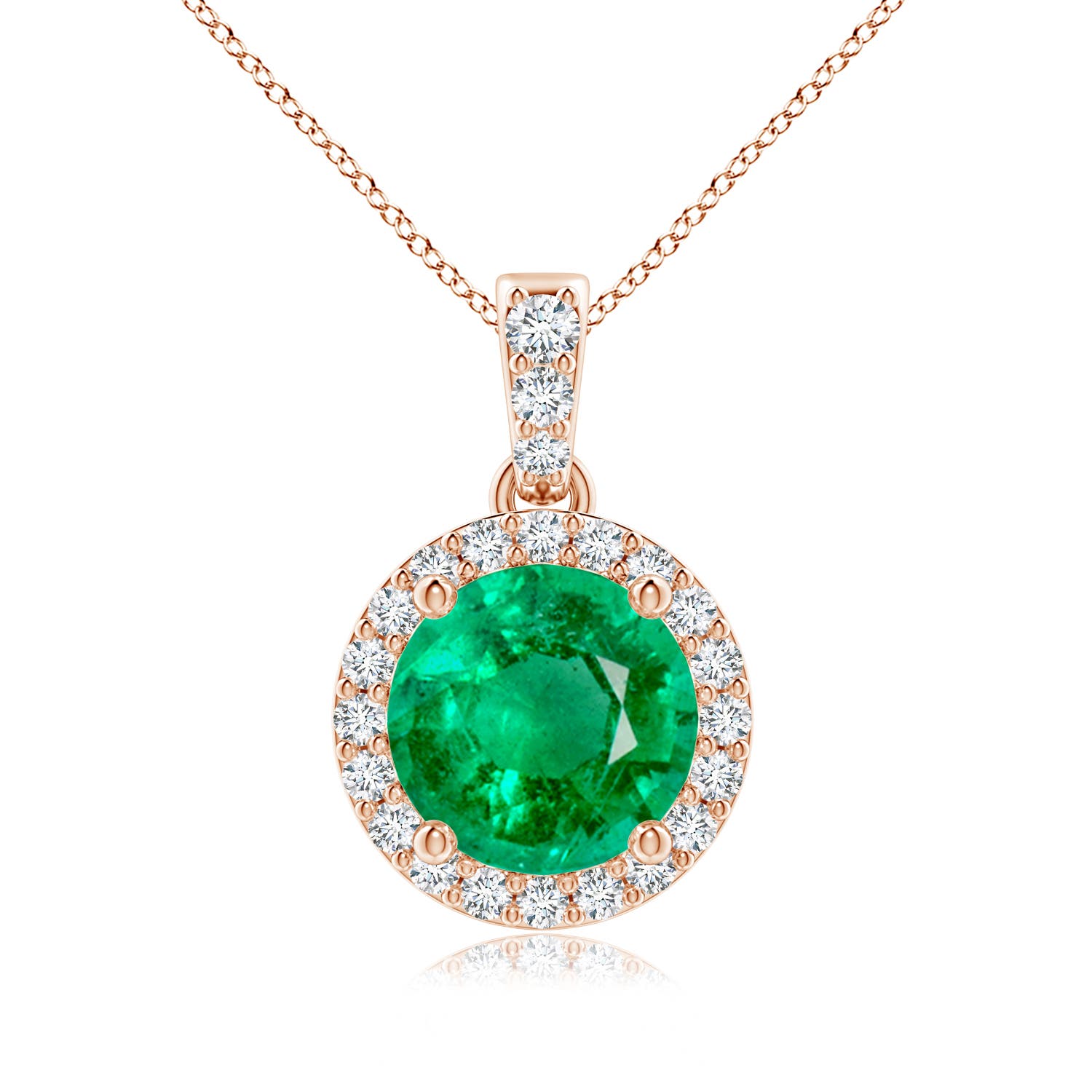 7mm AAA Round Emerald Dangle Pendant with Diamond Halo in Rose Gold