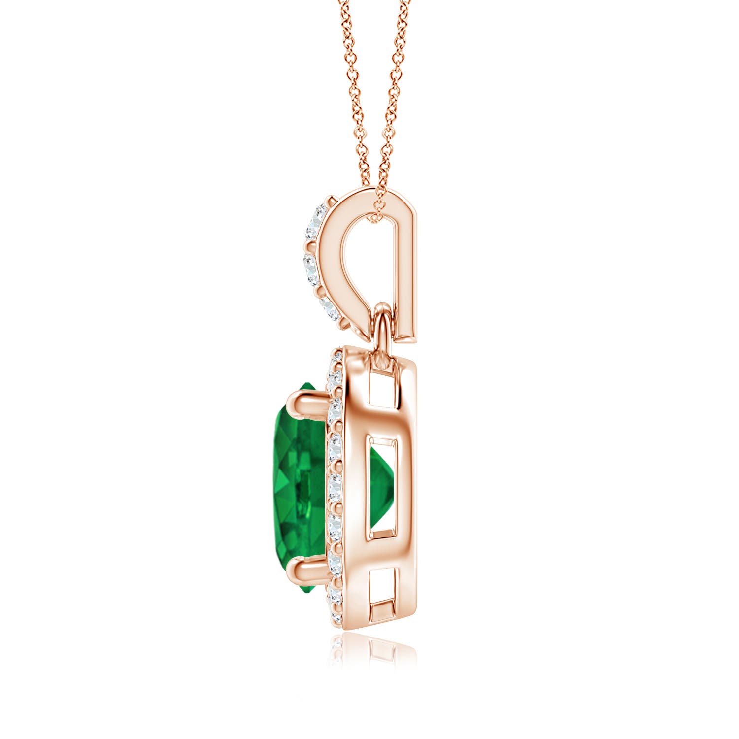 7mm AAA Round Emerald Dangle Pendant with Diamond Halo in Rose Gold