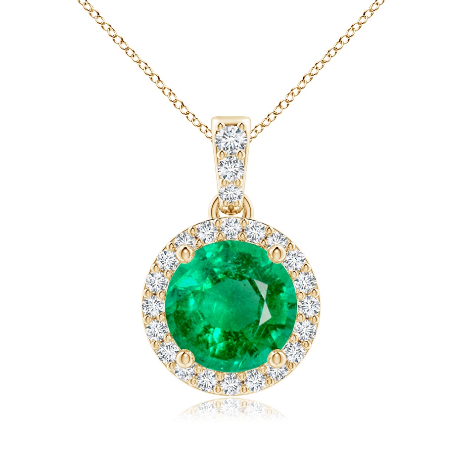 7mm AAA Round Emerald Dangle Pendant with Diamond Halo in Yellow Gold 