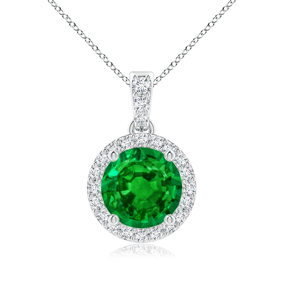 7mm AAAA Round Emerald Dangle Pendant with Diamond Halo in White Gold 