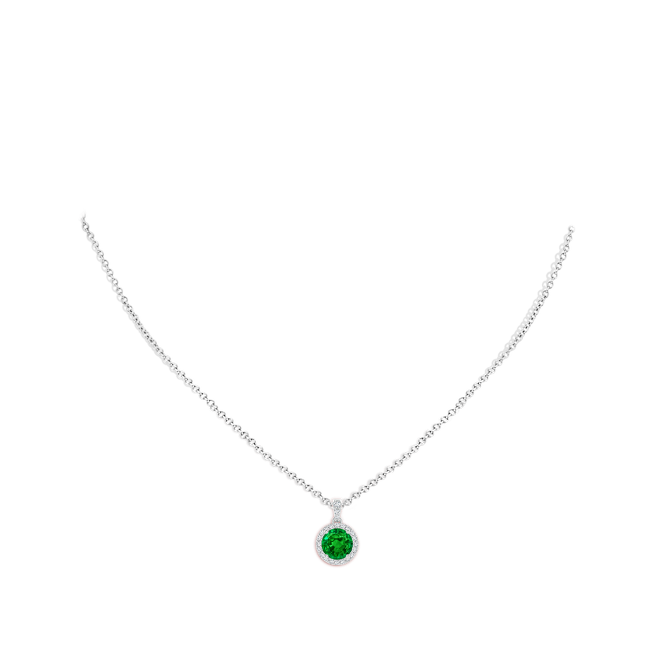 7mm AAAA Round Emerald Dangle Pendant with Diamond Halo in White Gold pen