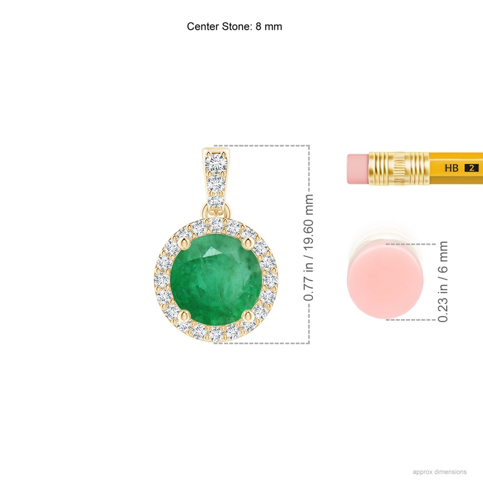 8mm A Round Emerald Dangle Pendant with Diamond Halo in Yellow Gold ruler