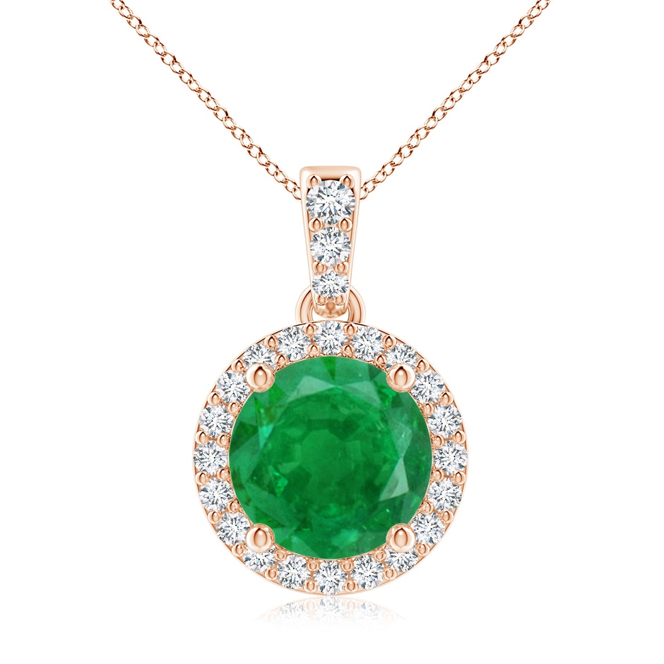 8mm AA Round Emerald Dangle Pendant with Diamond Halo in Rose Gold 