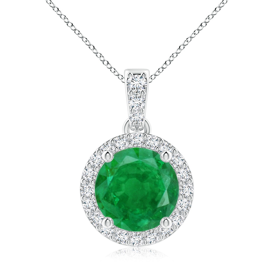 8mm AA Round Emerald Dangle Pendant with Diamond Halo in White Gold 