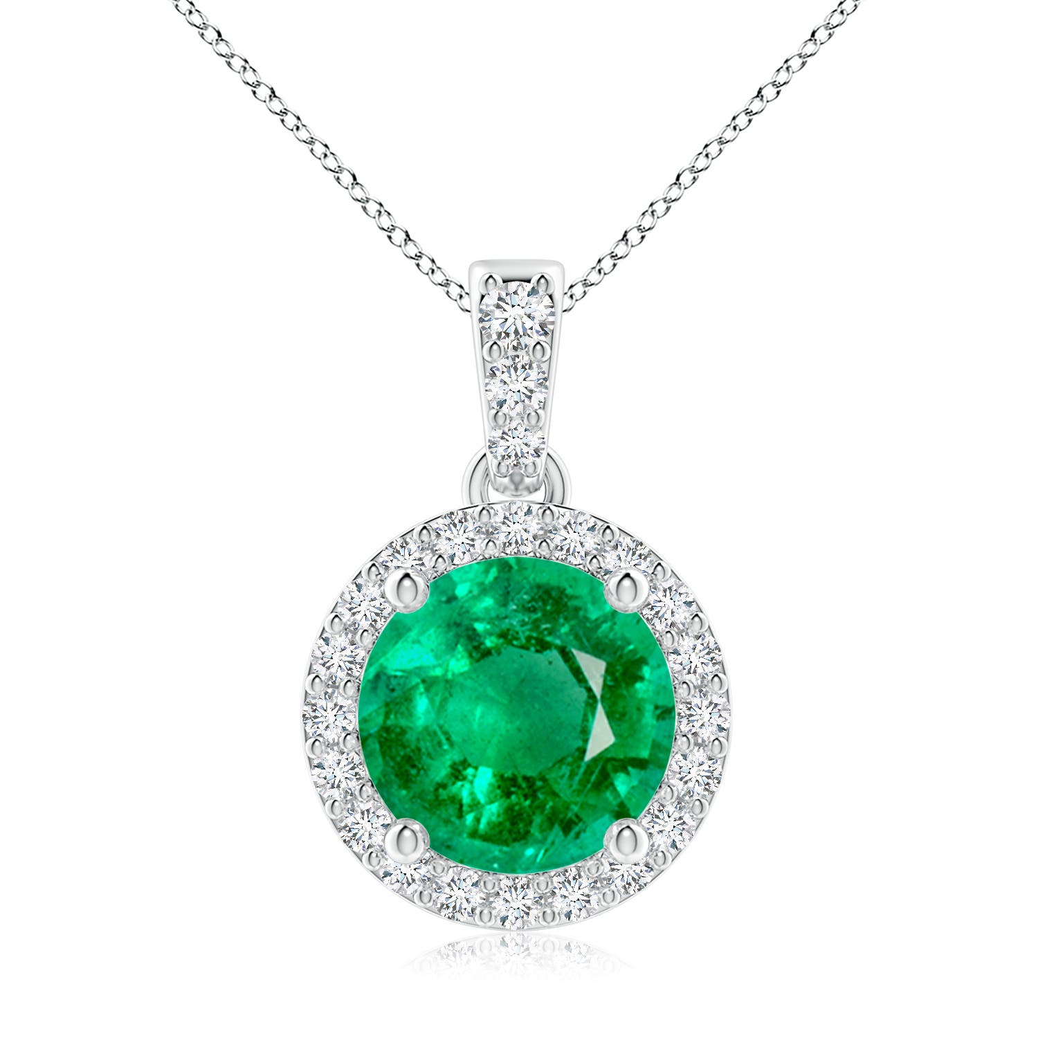 8mm AAA Round Emerald Dangle Pendant with Diamond Halo in P950 Platinum