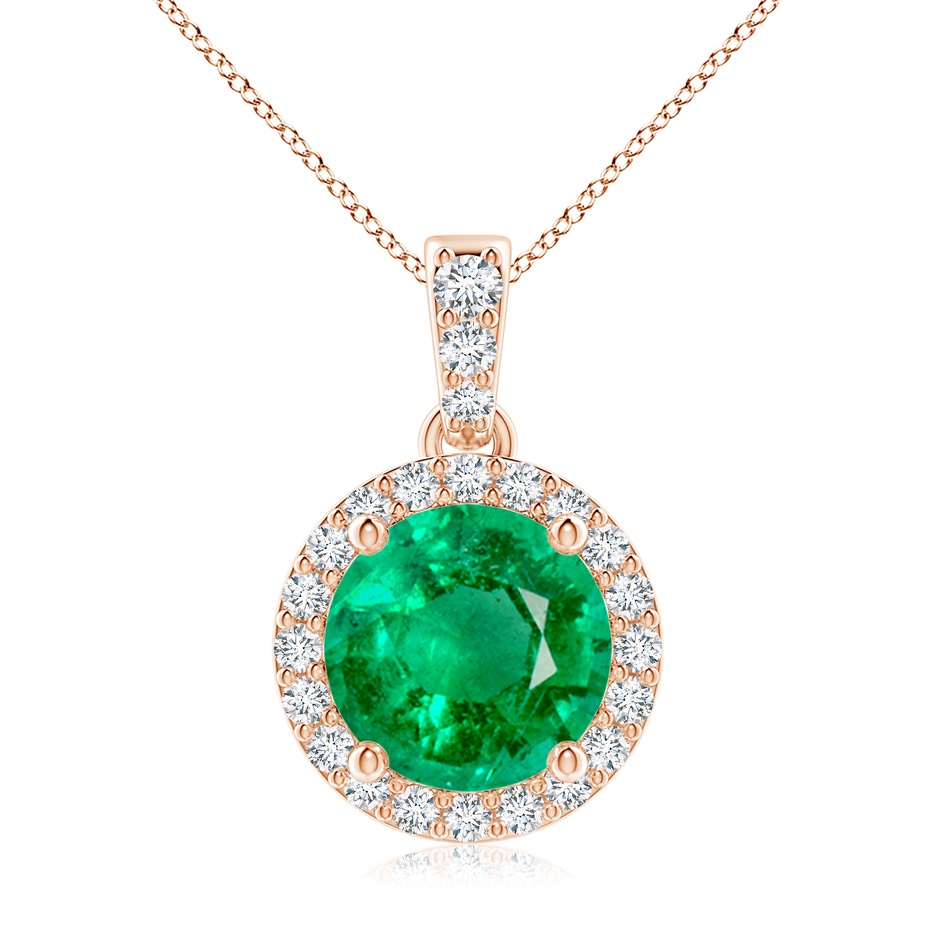 8mm AAA Round Emerald Dangle Pendant with Diamond Halo in Rose Gold 