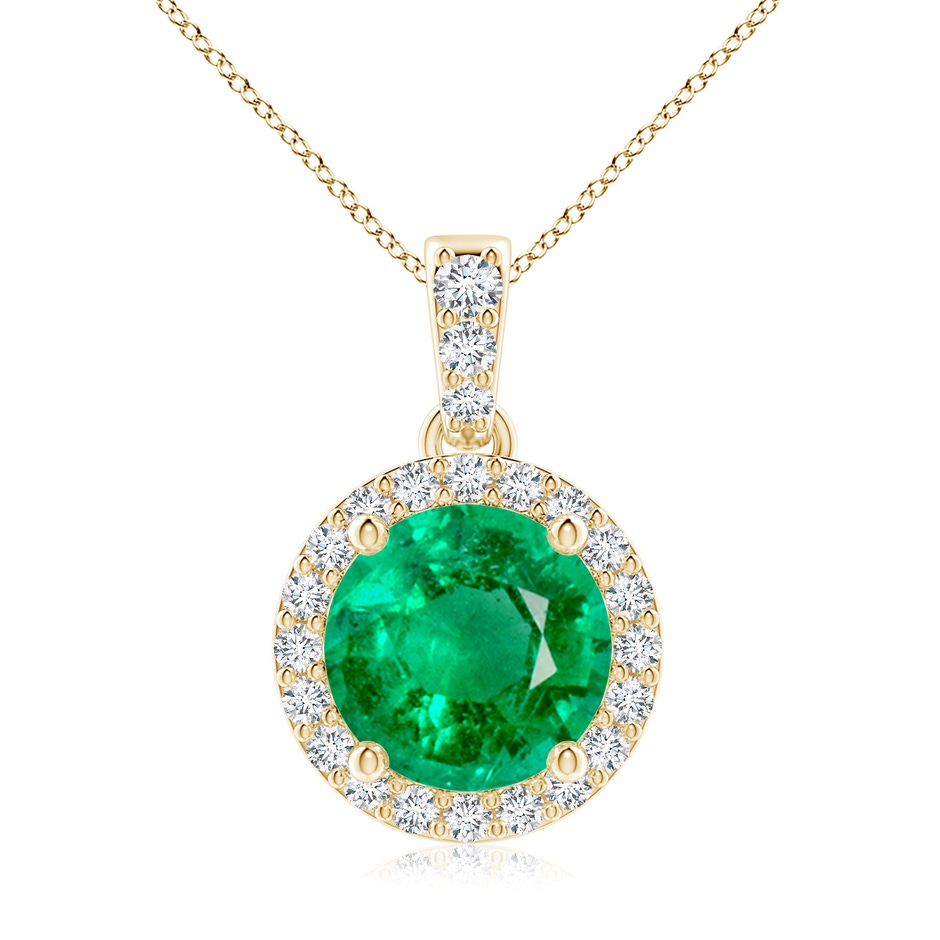 8mm AAA Round Emerald Dangle Pendant with Diamond Halo in Yellow Gold 