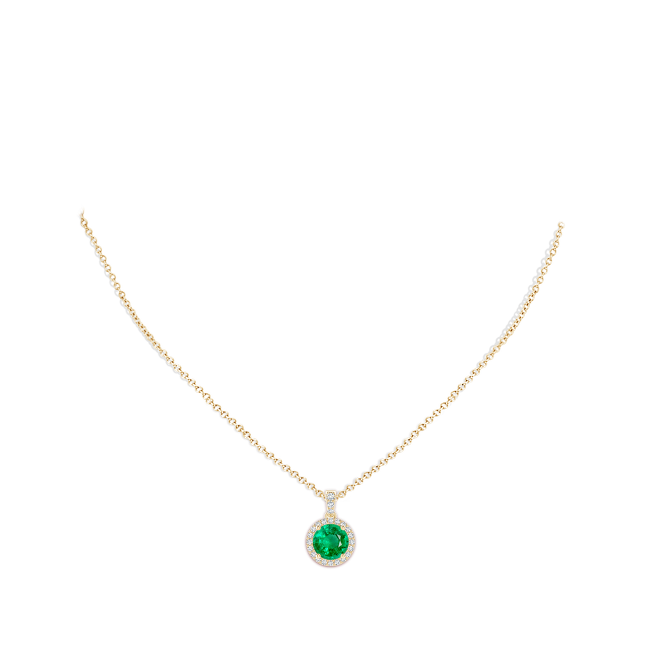 8mm AAA Round Emerald Dangle Pendant with Diamond Halo in Yellow Gold pen