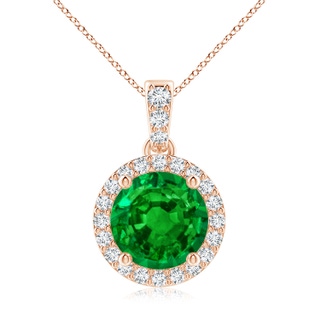 8mm AAAA Round Emerald Dangle Pendant with Diamond Halo in Rose Gold