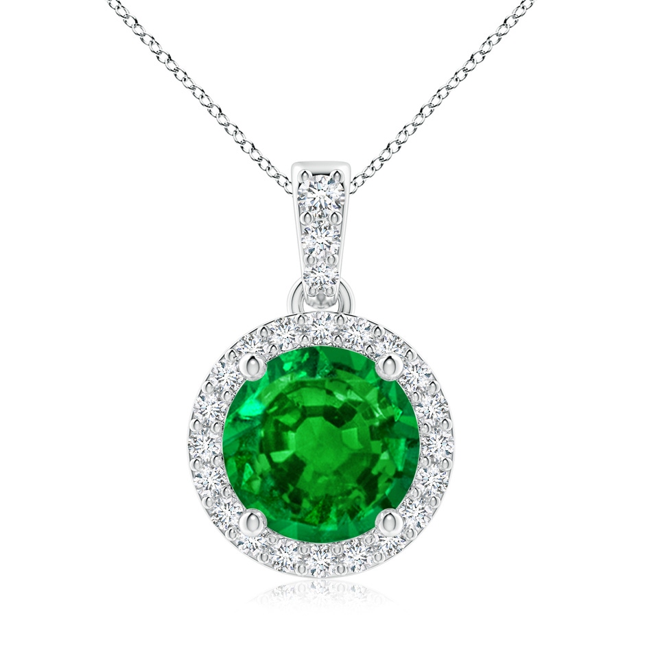 8mm AAAA Round Emerald Dangle Pendant with Diamond Halo in White Gold 