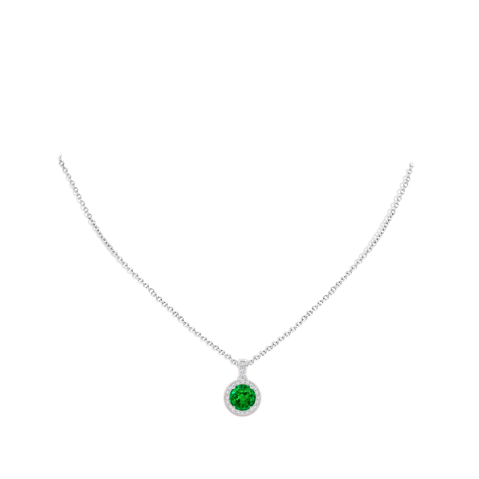8mm AAAA Round Emerald Dangle Pendant with Diamond Halo in White Gold pen