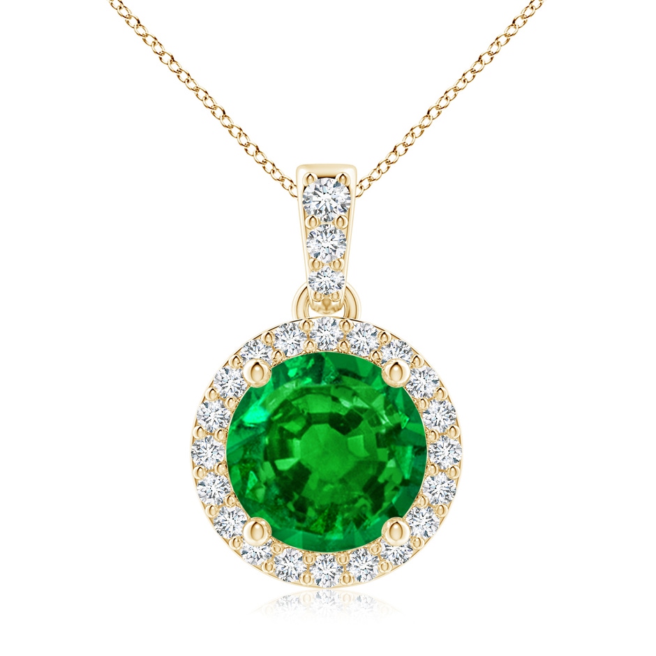 8mm AAAA Round Emerald Dangle Pendant with Diamond Halo in Yellow Gold 