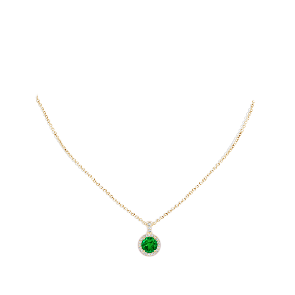 8mm AAAA Round Emerald Dangle Pendant with Diamond Halo in Yellow Gold pen