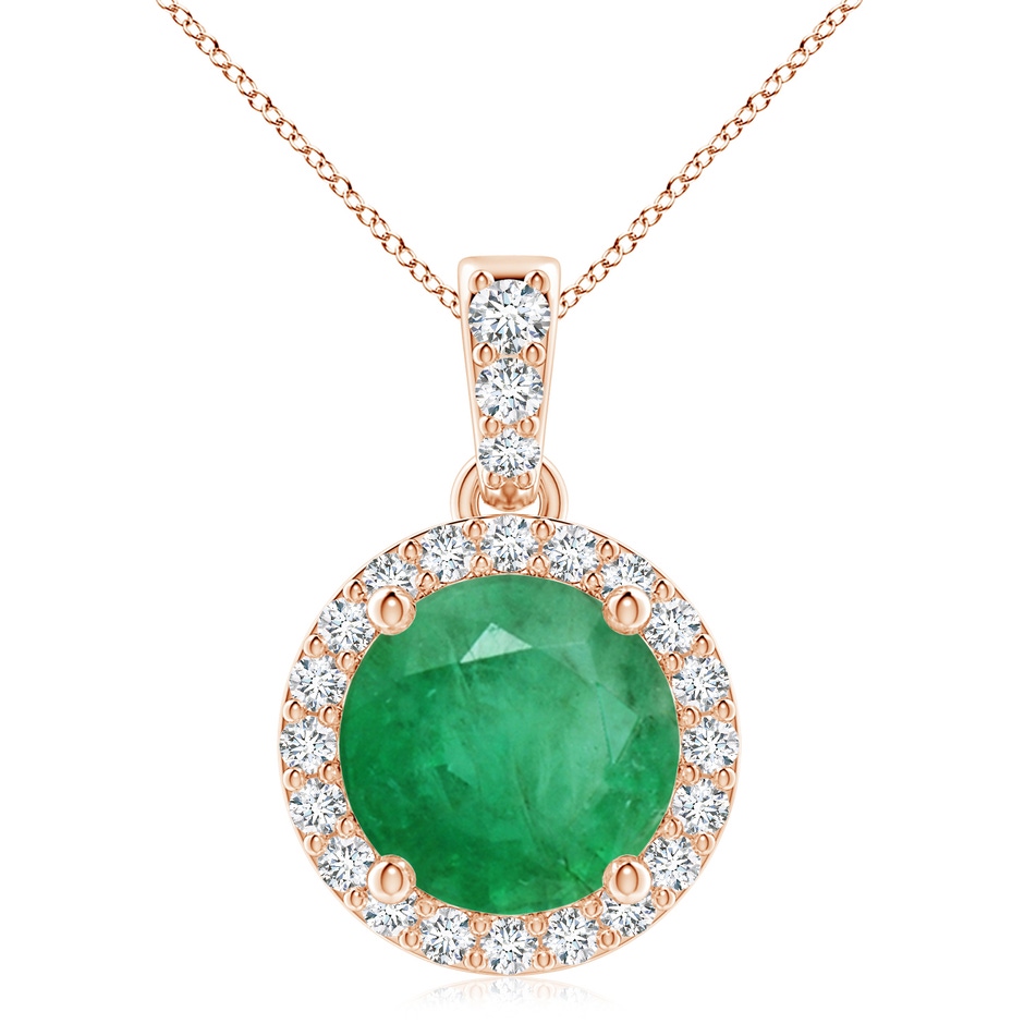9mm A Round Emerald Dangle Pendant with Diamond Halo in Rose Gold 
