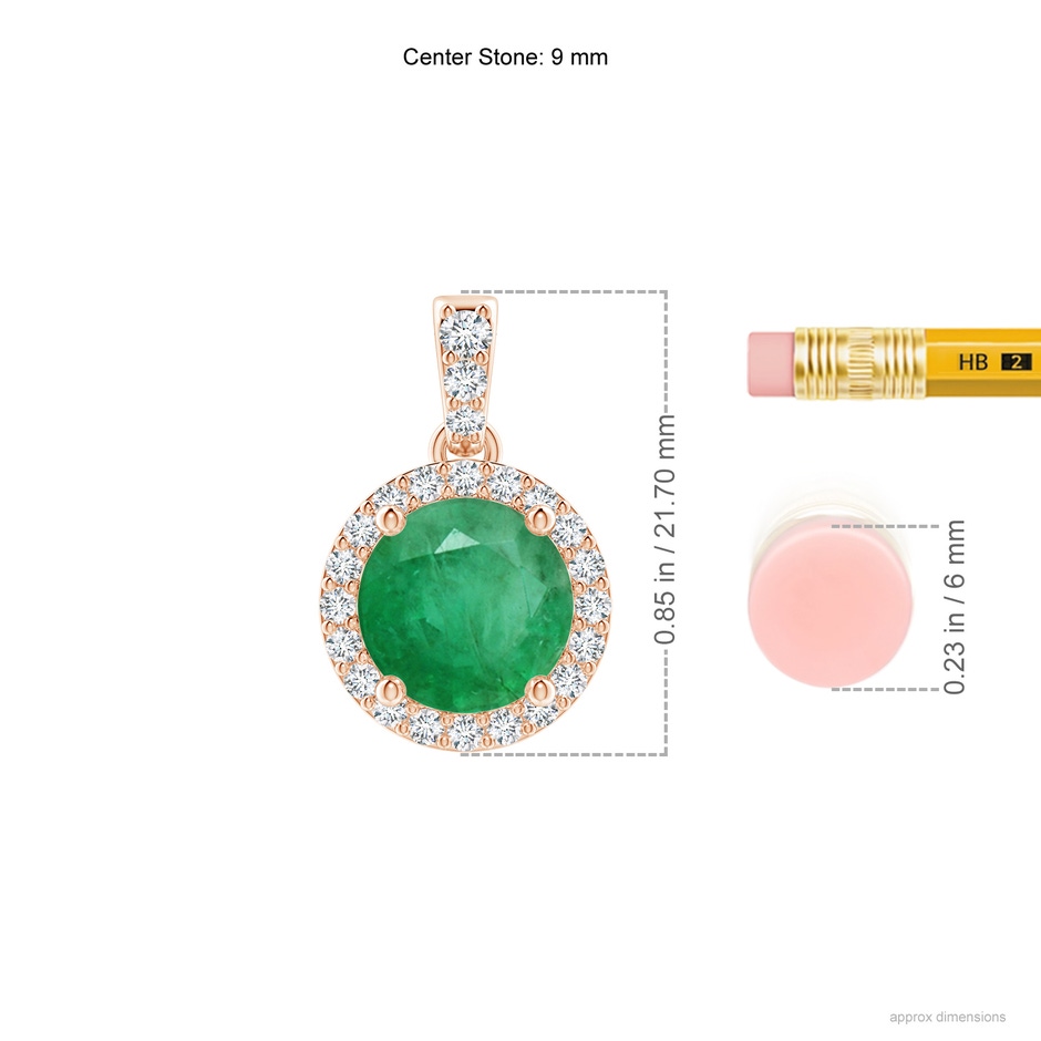9mm A Round Emerald Dangle Pendant with Diamond Halo in Rose Gold ruler