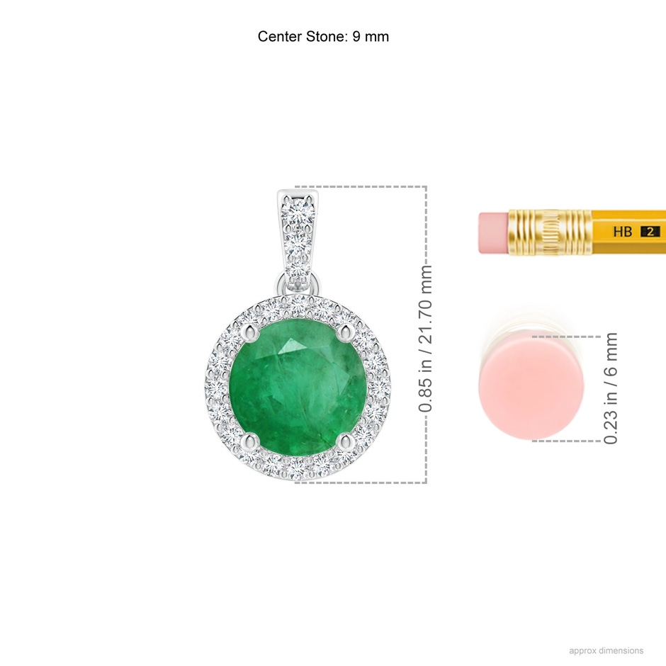 9mm A Round Emerald Dangle Pendant with Diamond Halo in White Gold ruler