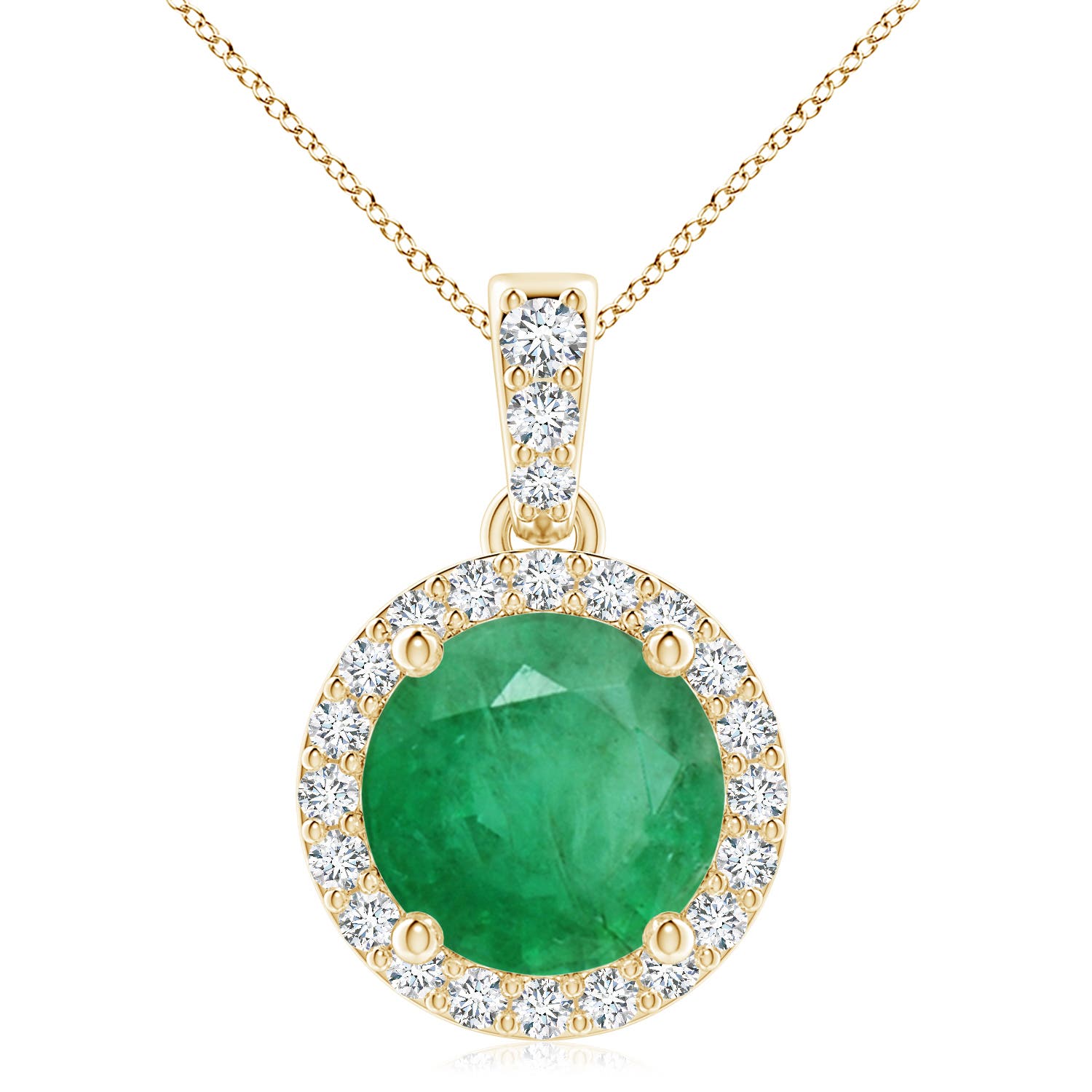9mm A Round Emerald Dangle Pendant with Diamond Halo in Yellow Gold