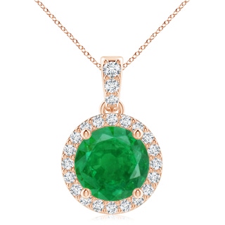 9mm AA Round Emerald Dangle Pendant with Diamond Halo in Rose Gold
