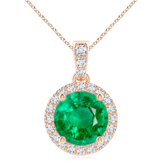 9mm AAA Round Emerald Dangle Pendant with Diamond Halo in 9K Rose Gold