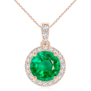 9mm AAA Round Emerald Dangle Pendant with Diamond Halo in Rose Gold