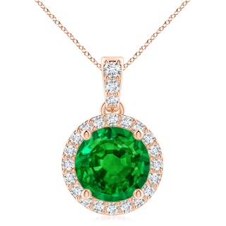 9mm AAAA Round Emerald Dangle Pendant with Diamond Halo in Rose Gold