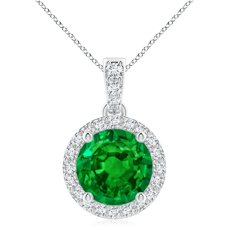 9mm AAAA Round Emerald Dangle Pendant with Diamond Halo in White Gold 