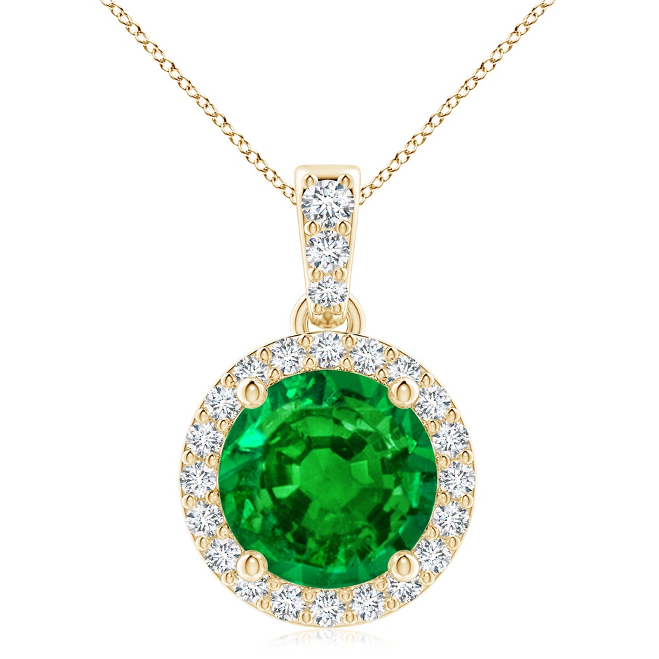 9mm AAAA Round Emerald Dangle Pendant with Diamond Halo in Yellow Gold 