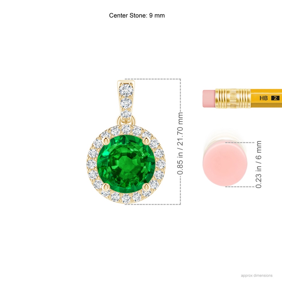 9mm AAAA Round Emerald Dangle Pendant with Diamond Halo in Yellow Gold ruler