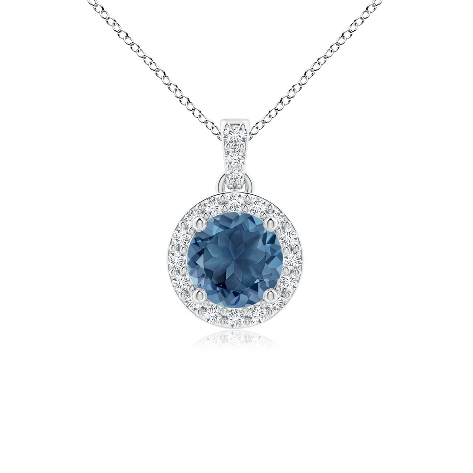 5mm A Round London Blue Topaz Dangle Pendant with Diamond Halo in White Gold 