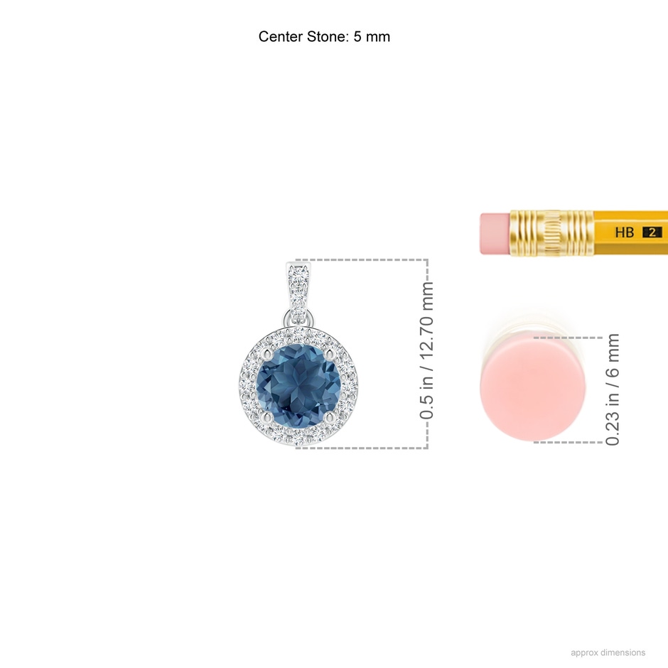 5mm A Round London Blue Topaz Dangle Pendant with Diamond Halo in White Gold ruler