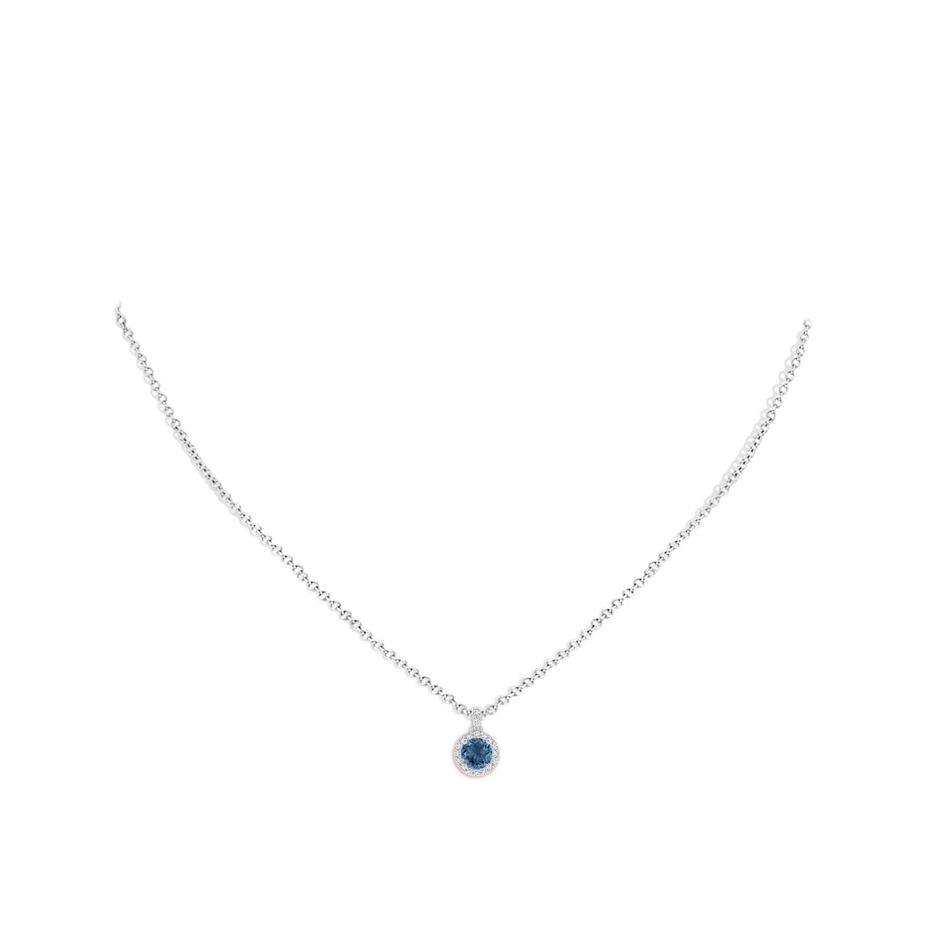 5mm A Round London Blue Topaz Dangle Pendant with Diamond Halo in White Gold body-neck