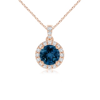 5mm AAA Round London Blue Topaz Dangle Pendant with Diamond Halo in Rose Gold