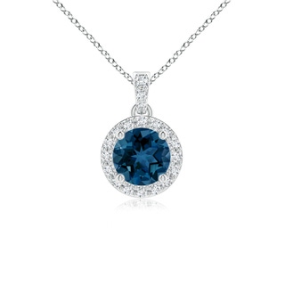 5mm AAA Round London Blue Topaz Dangle Pendant with Diamond Halo in White Gold