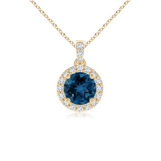 5mm AAA Round London Blue Topaz Dangle Pendant with Diamond Halo in Yellow Gold