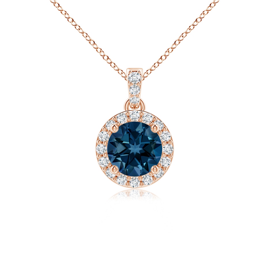 5mm AAAA Round London Blue Topaz Dangle Pendant with Diamond Halo in Rose Gold 