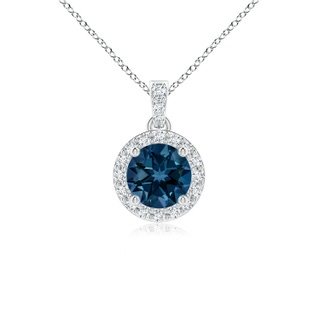5mm AAAA Round London Blue Topaz Dangle Pendant with Diamond Halo in White Gold