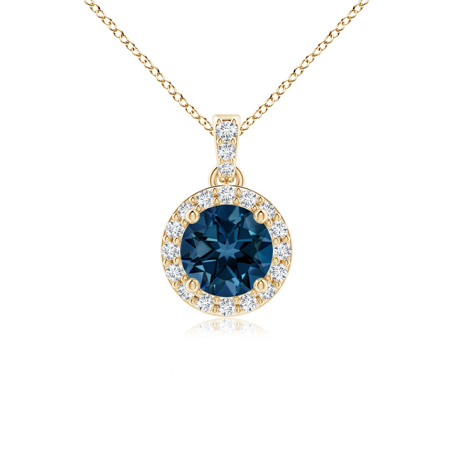 5mm AAAA Round London Blue Topaz Dangle Pendant with Diamond Halo in Yellow Gold 